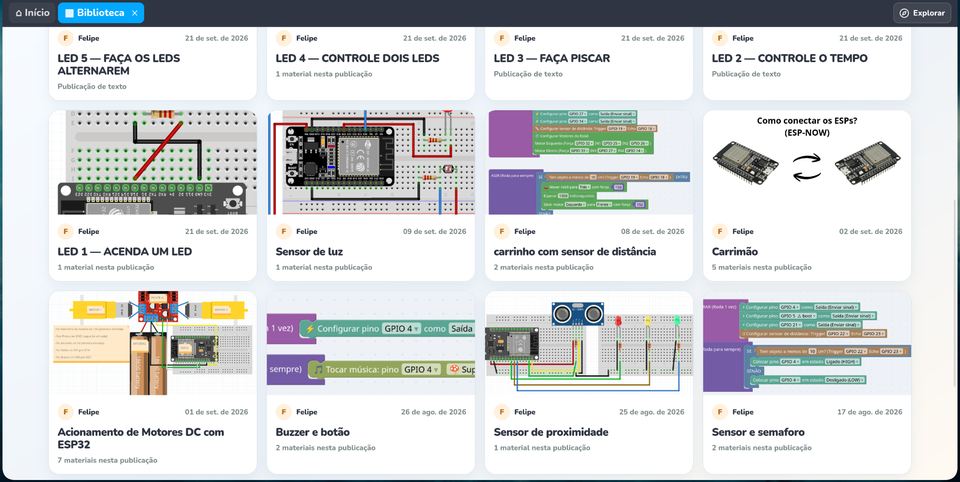 Biblioteca do Bloquin com exemplos de LEDs, sensores, motores e circuitos acompanhados de imagens