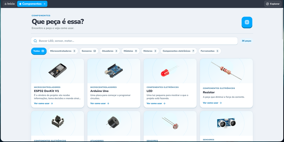 Catálogo de componentes do Bloquin com busca, filtros e imagens de placas, LEDs, resistores e sensores
